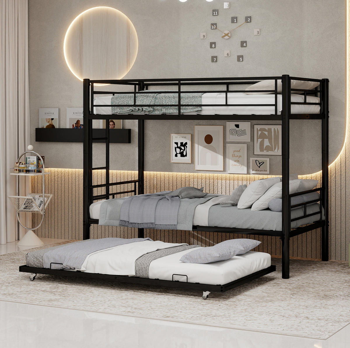 ETAGENBETT 90/180 cm schwarz aus Eisen teilbar mit Leiter - Schwarz, Metall (90/200cm) - OKWISH