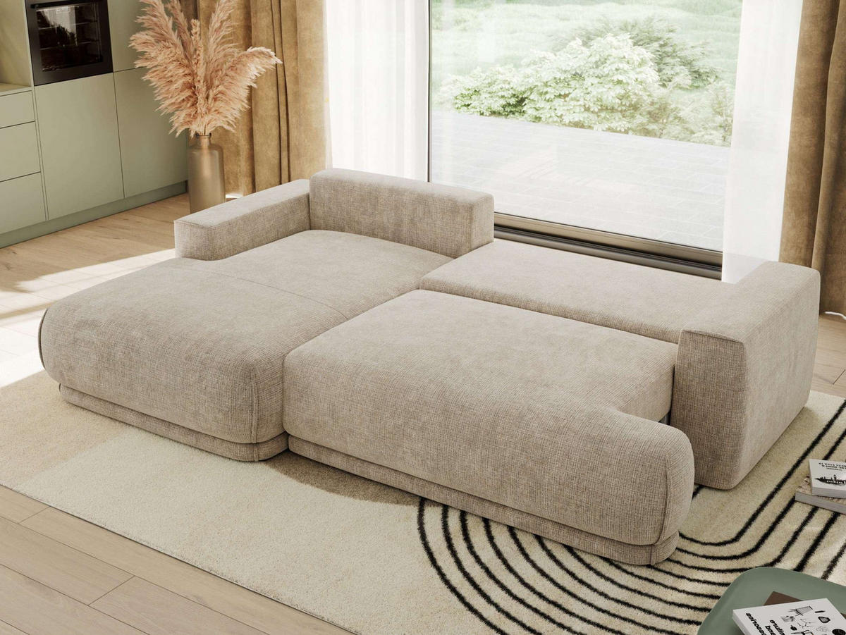 ECKSCHLAFSOFA RINA L Beige Schenille grob gewebt - links - Beige/Schwarz, Kunststoff/Textil (267/170cm) - MKS
