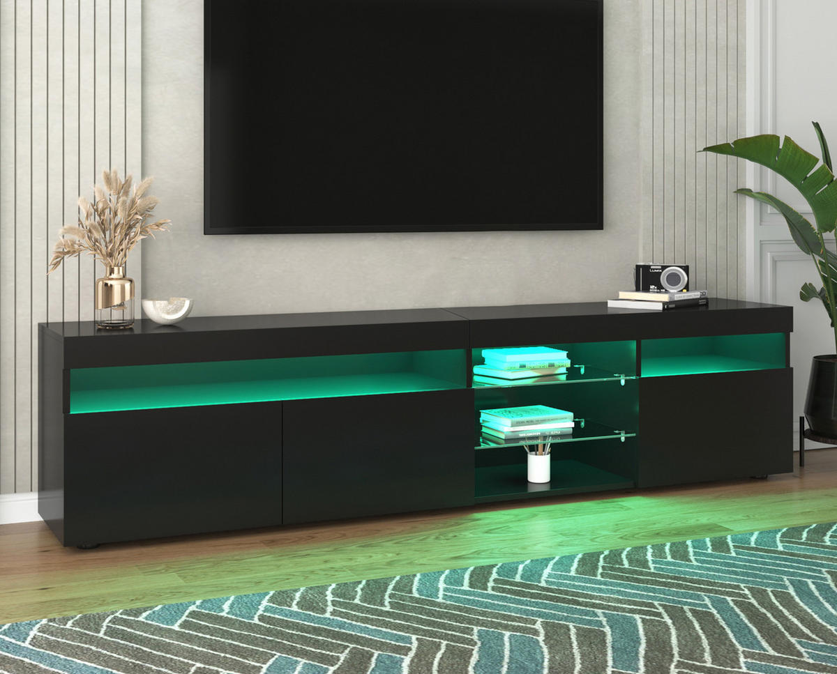 TV-SCHRANK in Schwarz Hochglanz mit LED Beleuchtung und Türen 180/35/48 cm - Schwarz, Holzwerkstoff (180/48/35cm) - Redom