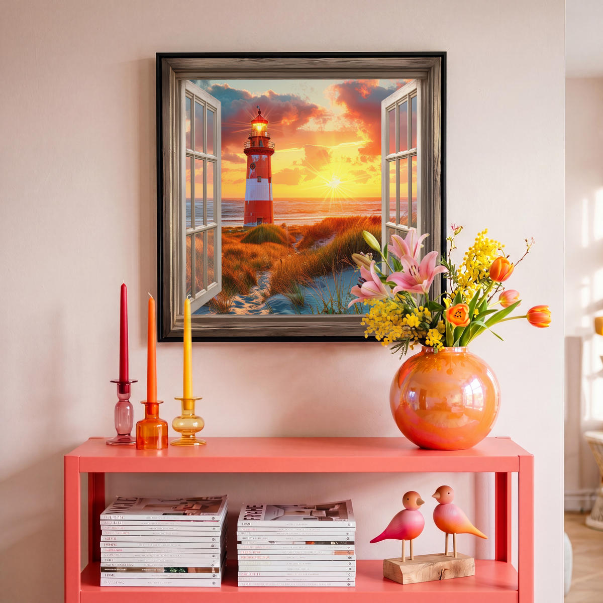 LEINWAND Bilder mit Rahmen - Aussicht - Fenster - Leuchtturm - Sonnenuntergang - Strand - 50x50 - Dunkelorange, Textil (50/50cm) - MuchoWow