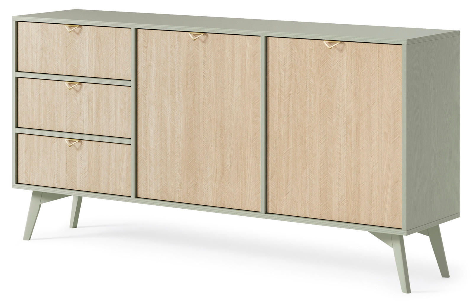 KOMMODE Silva 158 cm in der Farbe Eukalyptus + Scandi-Fischgrätmuster mit Türen und Schubladen - Goldfarben/Grün, Holz/Holzwerkstoff (158/81/38cm) - Ravio