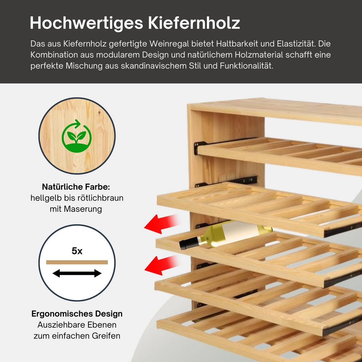 WEINREGAL Vincellar Mod 60x60x30 cm Auszug Modul Für 30 Flaschen mit Ausziehbaren Ebenen Massives Kiefernholz Natur - Naturfarben, Holz (60/60/30cm) - PROREGAL