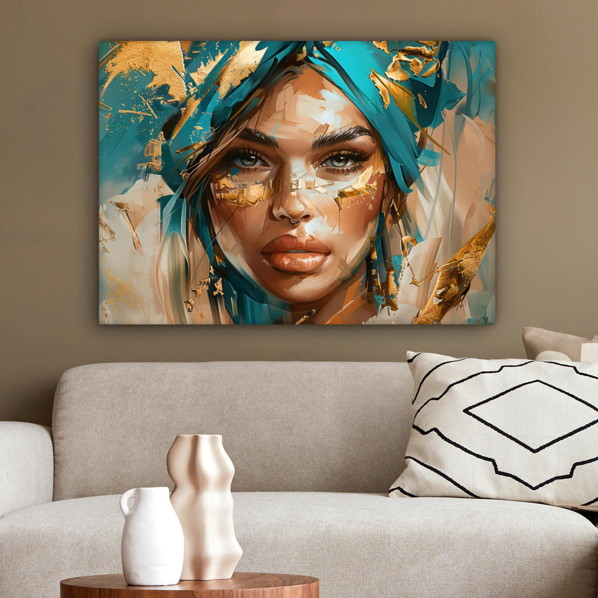LEINWANDBILD - Frau - Porträt - Gold - Luxus - Blau - 80x60 - Malerei - Türkis, Textil (80/60cm) - MuchoWow