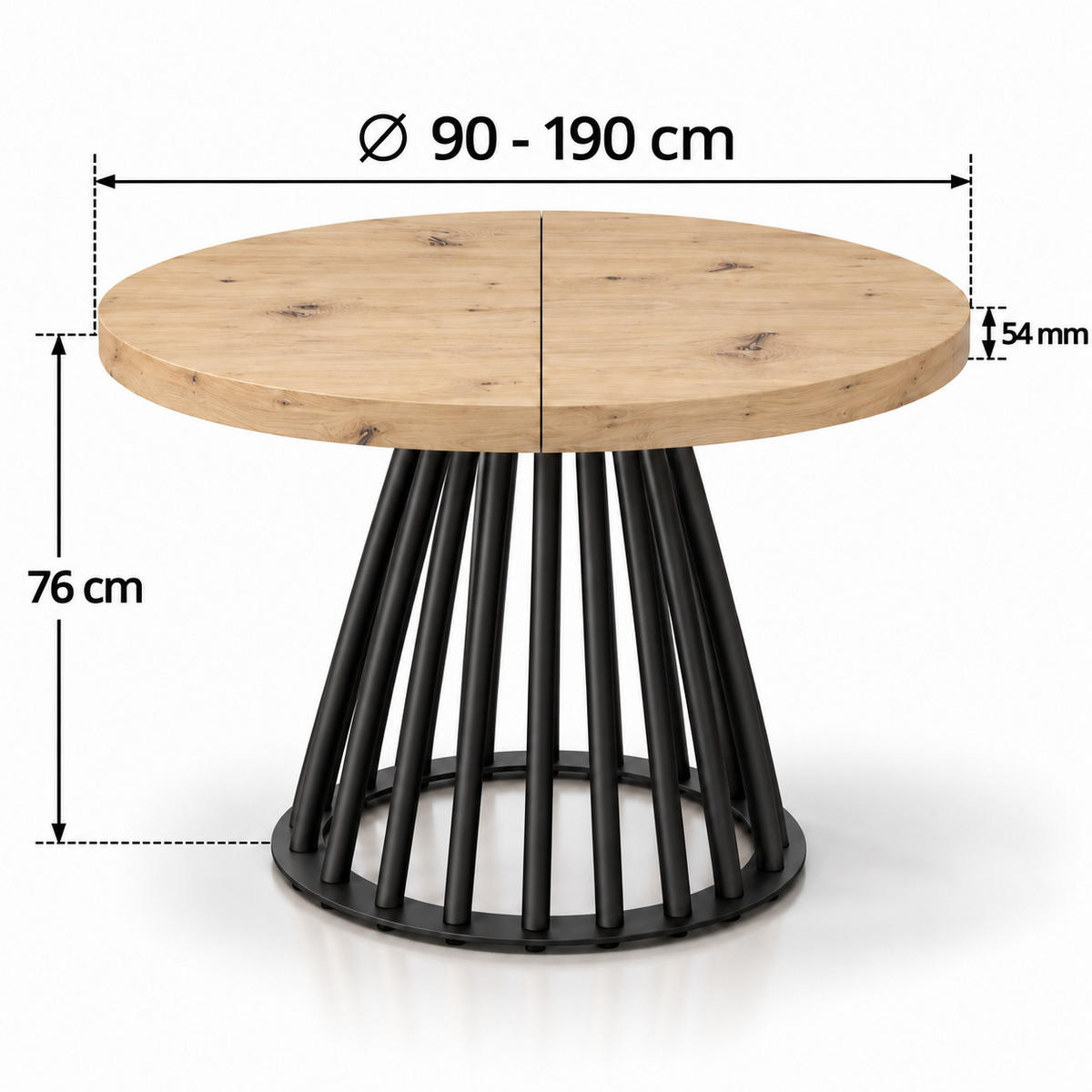ESSTISCH rund ausziehbar 90/190/76 cm, Hellbraun Eiche Artisan, 54 cm Tischplatte + Lamellen-Metallgestell Schwarz - Schwarz/Eiche Artisan, Holzwerkstoff/Metall (90/190/76cm) - Damale Möbel