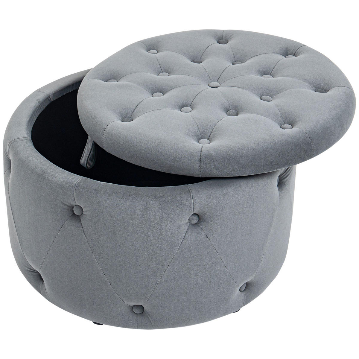 HOCKER DE-07237 rund mit Staufach, Steppdesign und Knöpfen Grau - Grau, Holz/Textil (60/40/60cm) - ComfortXL