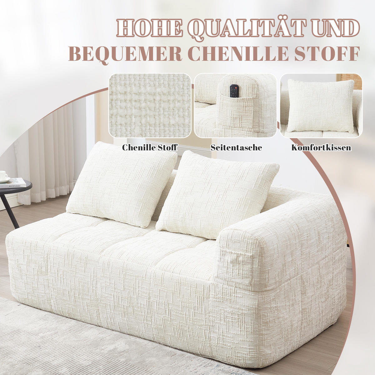 2-SITZER Sofa Chenille mit Chaiselongue und Seitentaschen 158/90/60 cm Beige - Beige, Textil (60/158/90cm) - Redom