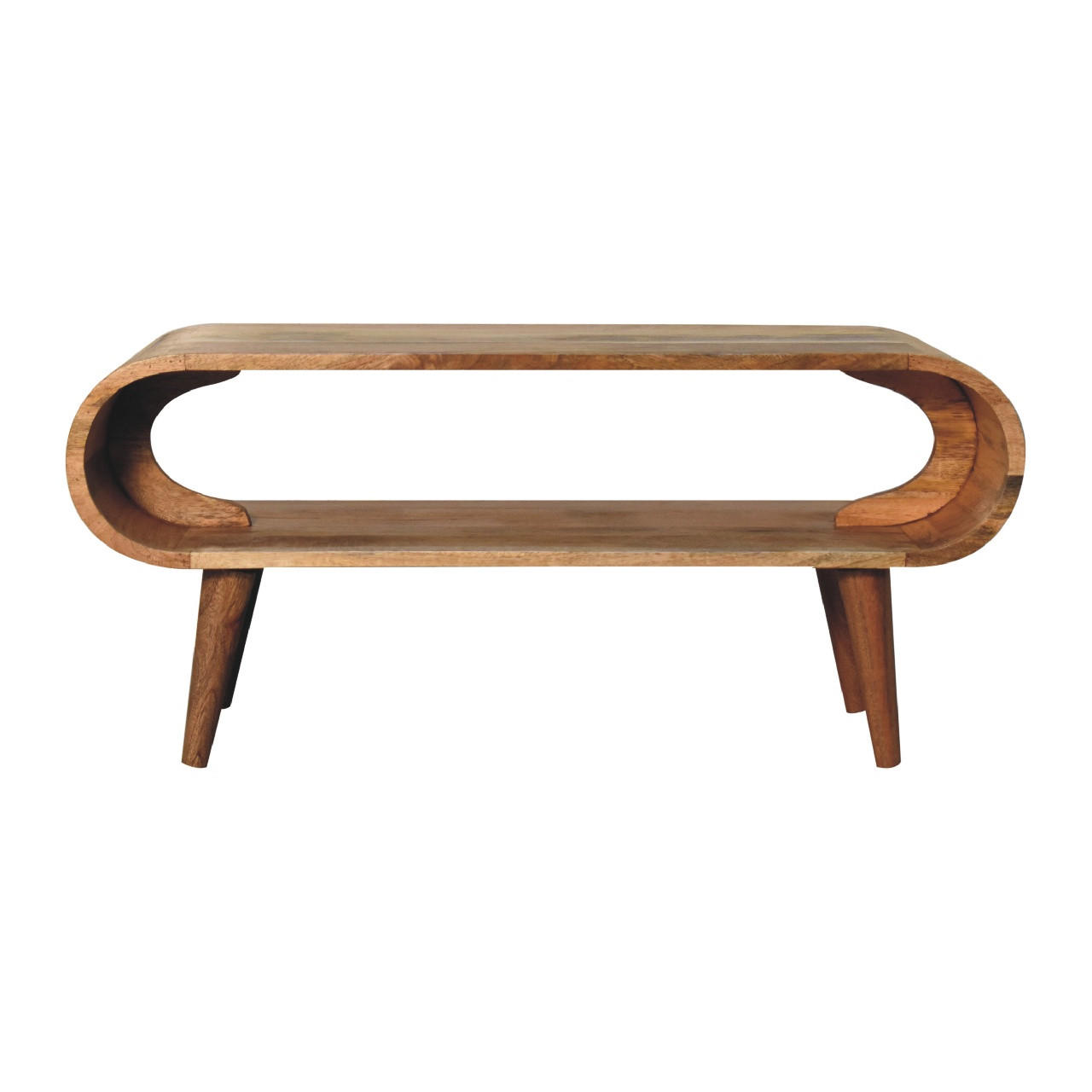 COUCHTISCH aus Massivholz im Eichenholz-Finish, Offener Stauraum, Nordische Beine - Eichefarben/Messingfarben, Holz/Metall (35/90/40cm) - Artisan Furniture