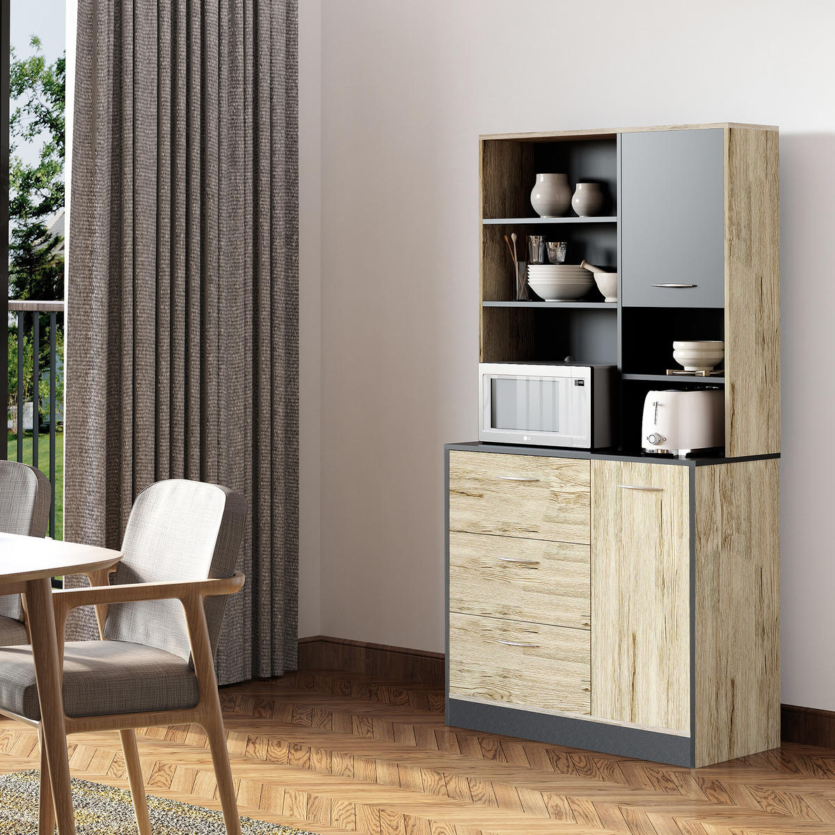 BUFFET DE-10992 2 Türen Eiche hell/Grau - Eichefarben, Holzwerkstoff (39/169/90cm) - ComfortXL