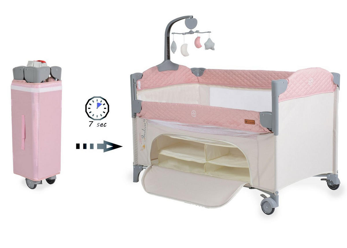 REISEBETT LAUFSTALL Indiana rosa zwei Ebenen Matratze Wickeltasche Räder - Rosa, Kunststoff (60/120cm) - Cangaroo