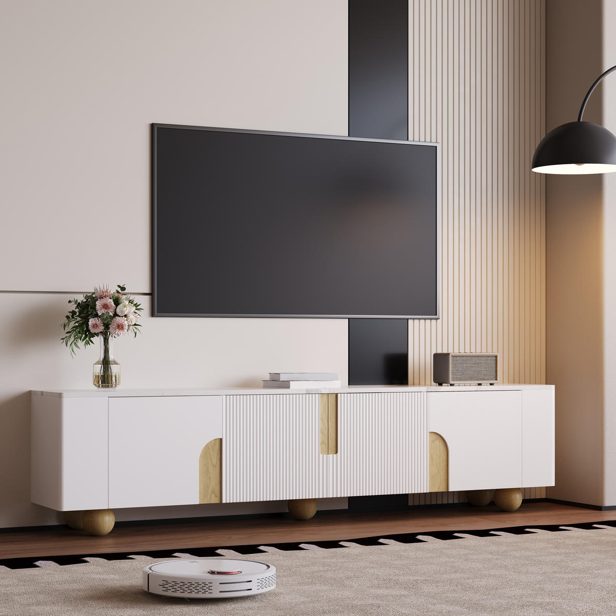 TV-ELEMENT180X40X44CM Weiß-Holzfarbe Marmoroptik-Oberfläche 4-Türen - Weiß, Holz (43.99/35.18/50.8cm) - Raelunyi