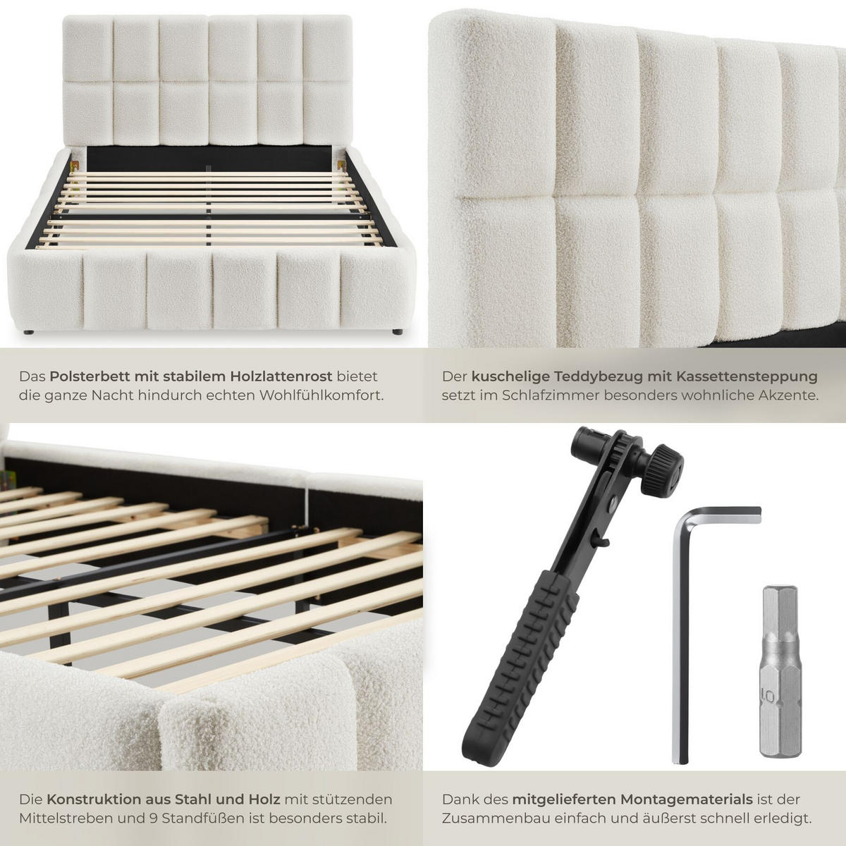 POLSTERBETT Shirley, Belastbarkeit 250 kg, Teddy creme - Creme, Holz (120/200cm) - tectake