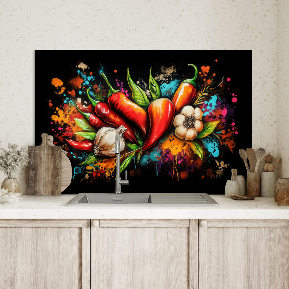 SPRITZSCHUTZ KÜCHE Gemüse - Paprika - Knoblauch - Graffiti - Farbe - Bunt 90x60 cm - Rot, Metall (90/0.3/60cm) - MuchoWow