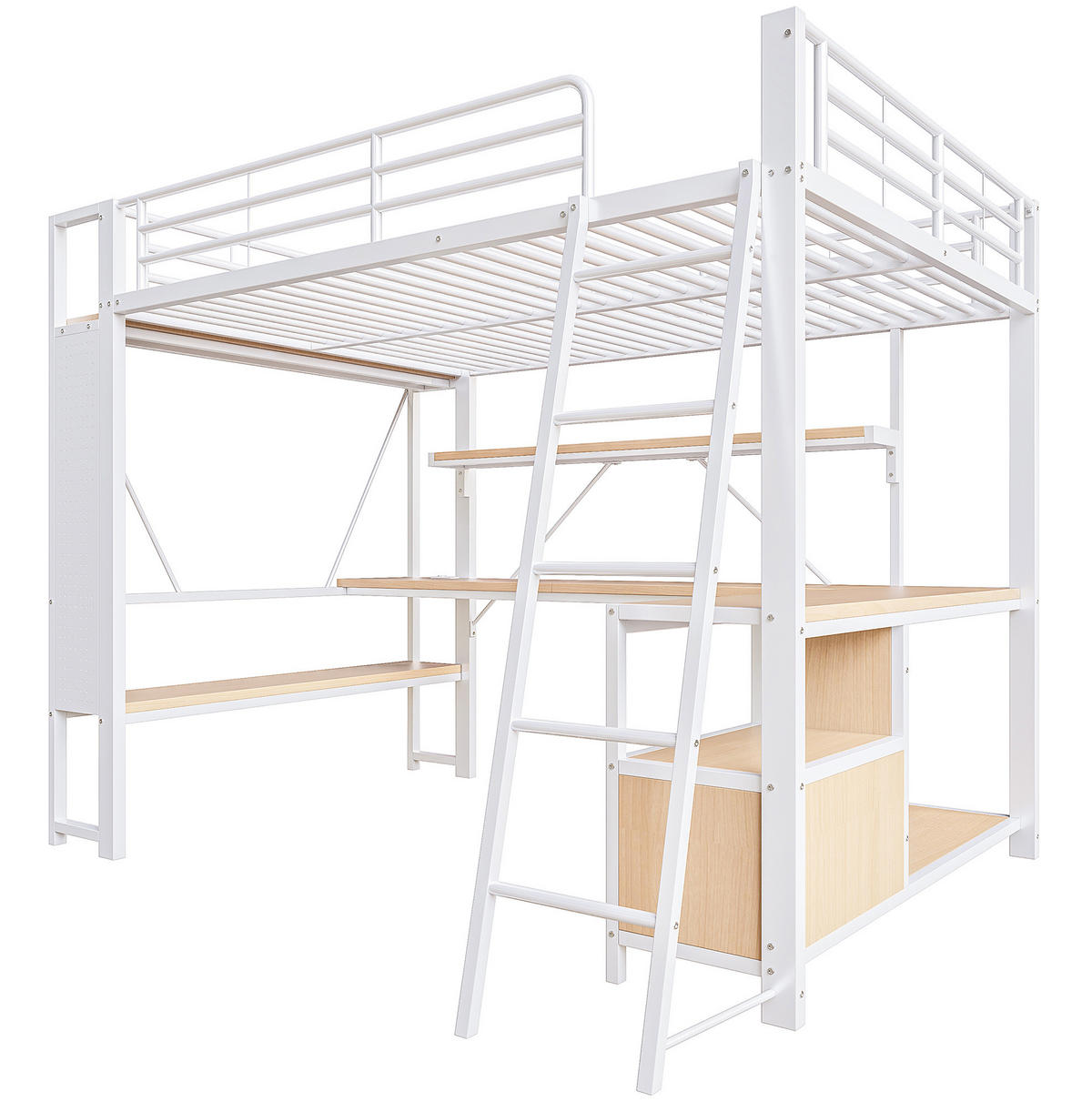HOCHBETT mit Schreibtisch 140/200 cm in Weiß – mit Stauraum, Regalen und LED - Weiß, Metall (140/200cm) - BEAOK