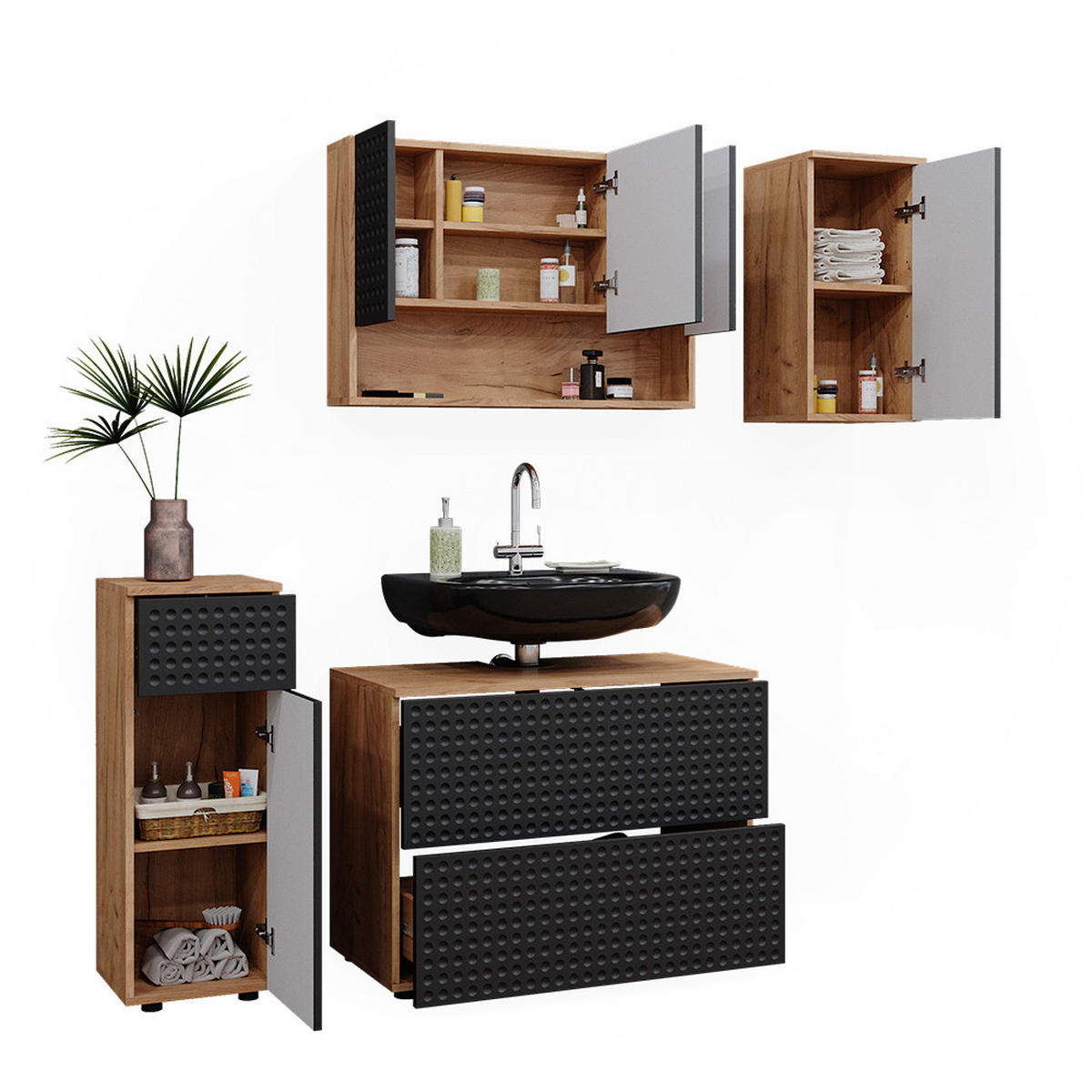 BADMÖBEL-SET Irma Anthrazit gepunktet 4 Teile - Honigeiche/Anthrazit, Holzwerkstoff (80/58.6/41cm) - Vicco