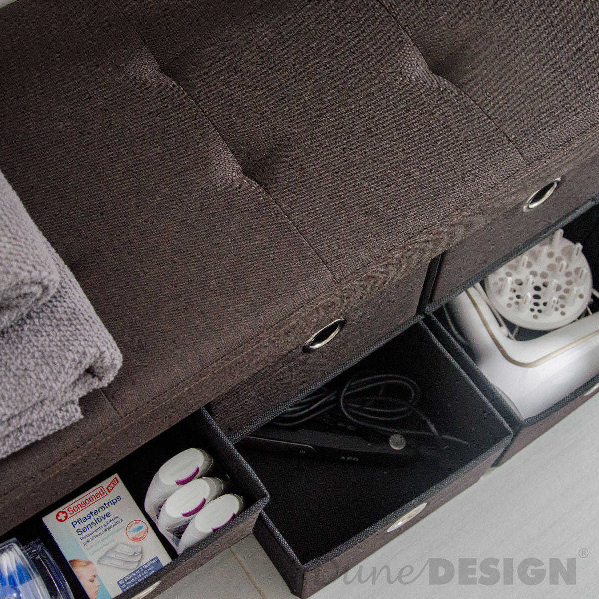 SITZBANK Faltbar, 76/38/38 cm, mit 6 Schubladen, 80 Liter, Dunkelbraun - Braun, Textil (38/38/76cm) - Dunedesign