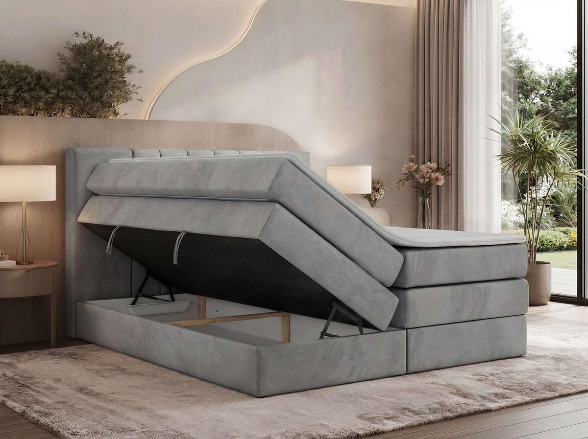 BOXSPRINGOVÁ POSTEĽ INERO KING 180/200 - Svetlosivá Samet - Topper T25 - H4 (tvrdý) - čierna/svetlosivá, textil/plast (180/200cm) - MKS