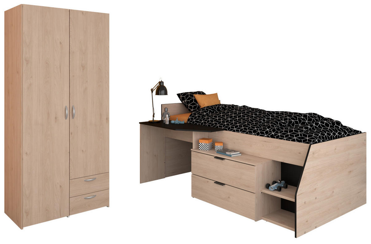 KINDERZIMMER-SET 2-teilig Eiche Jackson, schwarz, Jugendzimmer mit Stauraumbett - Eichefarben/Silberfarben, Holzwerkstoff/Kunststoff (203/185/135cm) - Parisot Meuble