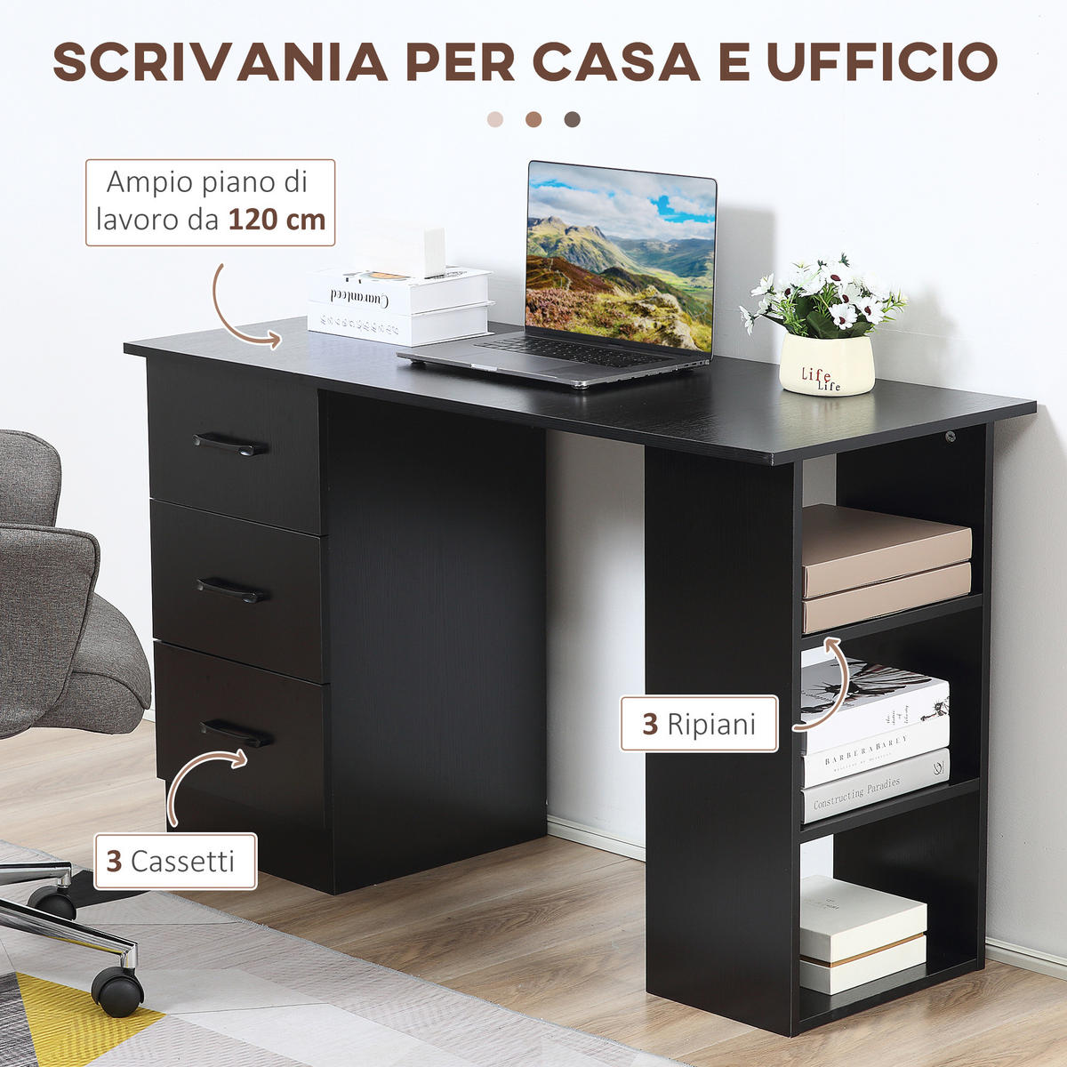 BÜROTISCH Schwarz 1 Stück - Schwarz, Holzwerkstoff (49/120/72cm) - GiPP