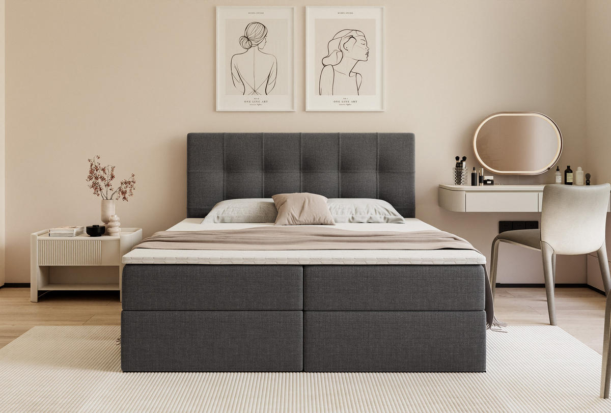 BOXBETT VENUS 200/200 cm, mit Matratze und Topper, Anthrazit - Anthrazit, Holzwerkstoff/Textil (200/200cm) - Idohome