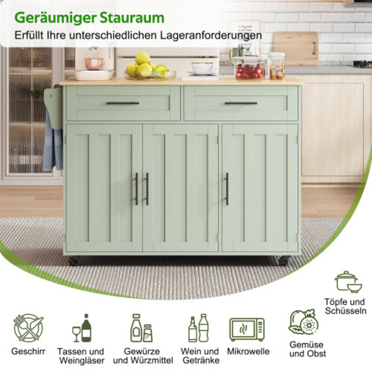 KÜCHENINSEL Antikgrün aus MDF mit klappbarer Erweiterungsplatte 120 × 46 × 91,5 cm - Grün, Holzwerkstoff (120/91.5/71cm) - Luhomfu