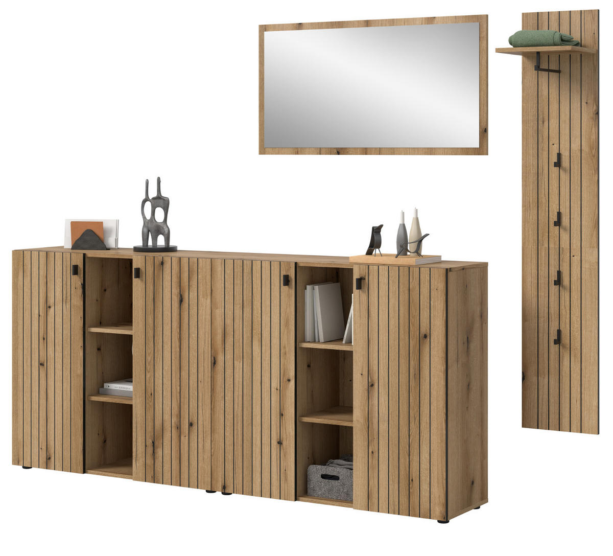 GARDEROBEN-SET Evoke Eiche 4-teilig 258 cm, Komplettset mit viel Stauraum - Schwarz/Eiche Artisan, Glas/Holzwerkstoff (258/192/37cm) - Inn.Furn