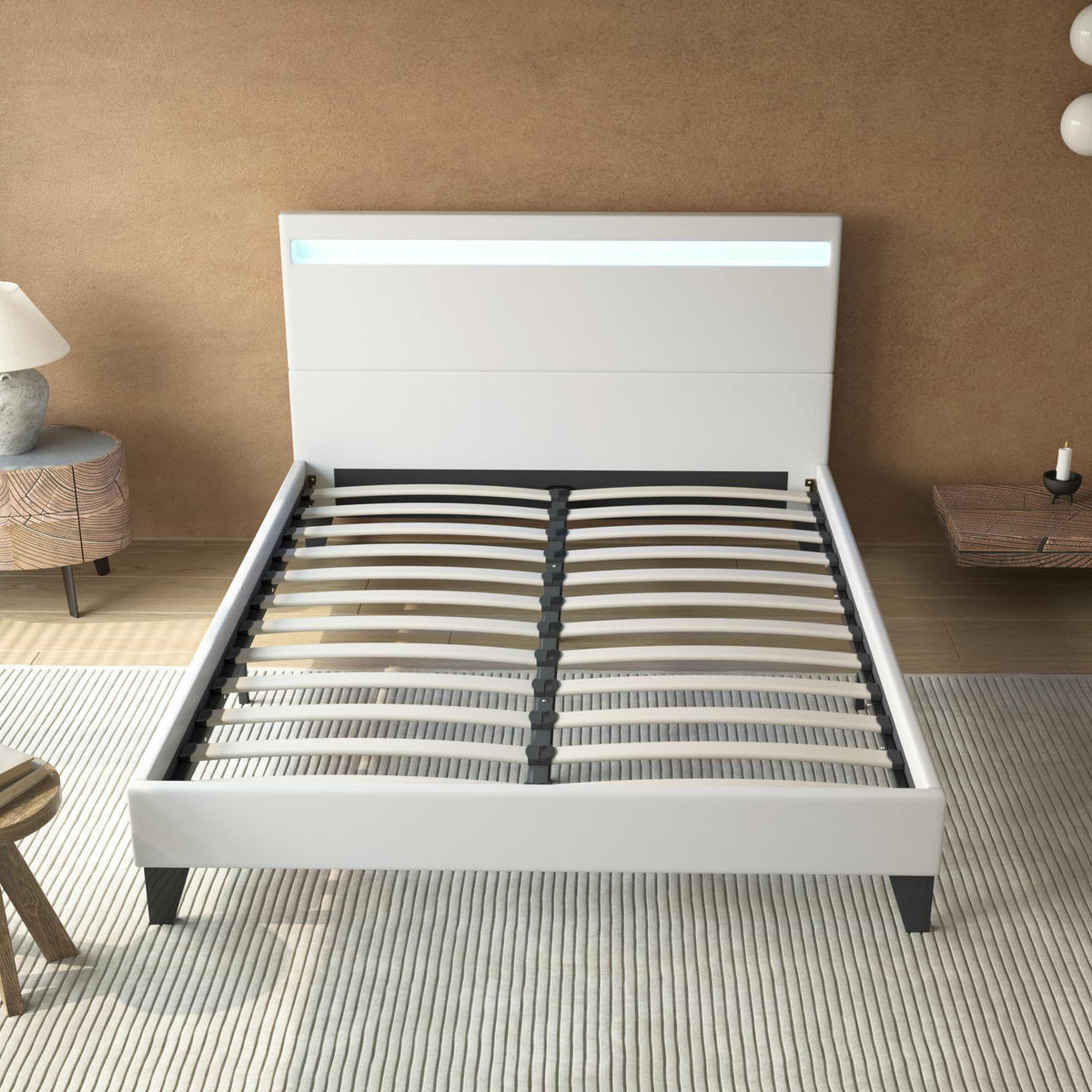 BETT 160x200 cm mit Kopfteil aus weißem Kunstleder - Weiß, Naturmaterialien (160/200cm) - November Sleep