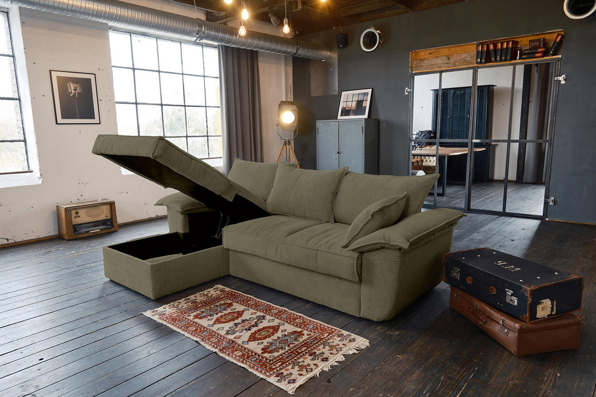 ECKSOFA DAMETO Grün Cord - Schwarz/Olivgrün, Kunststoff/Textil (266/174cm) - KAWOLA