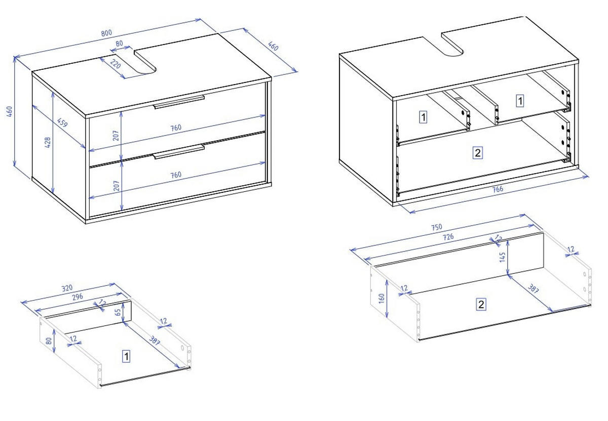 WASCHBECKENUNTERSCHRANK Livorno 2 Schubladen Walnuss Braun - 80 x 46 x 46 cm - Walnussfarben, Holz (80/46/46cm) - Badplaats