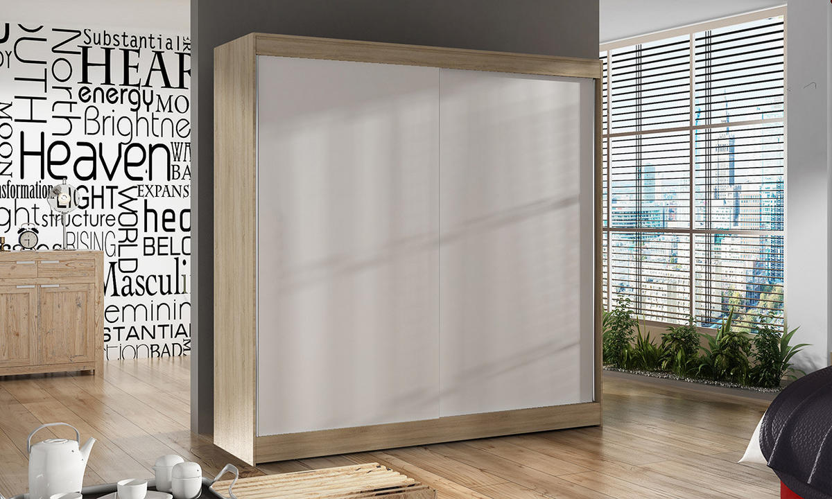 SCHWEBETÜRENSCHRANK Basti X - 200 cm - Beige/Weiß, Holzwerkstoff/Metall (200/215/58cm) - Sofnet