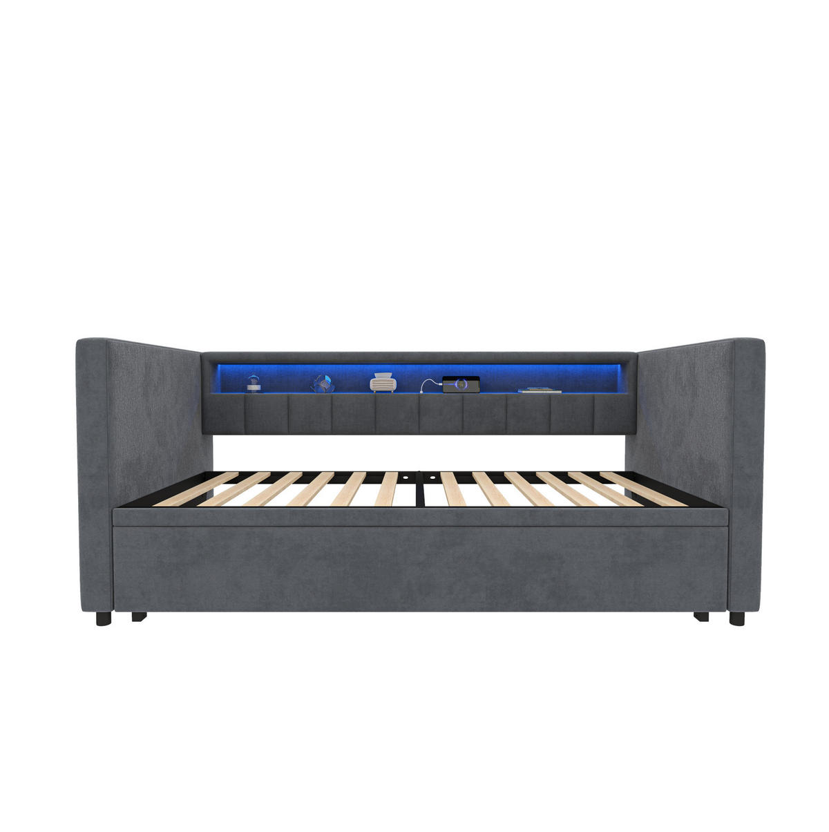 AUSZIEHBETT 90/180×190 cm aus Samt in Dunkelgrau mit LED und USB-Anschlüssen - Dunkelgrau, Textil (80/200cm) - Flora Grace