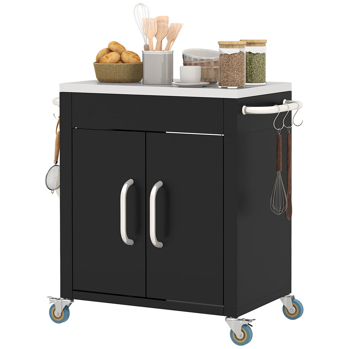 KÜCHENWAGEN, Edelstahl-Wagen mit Schrank und Haken, 86 x 50 x 86,5 cm, Schwarz - Multicolor, Metall (86/86.5/50cm) - FORIOUS