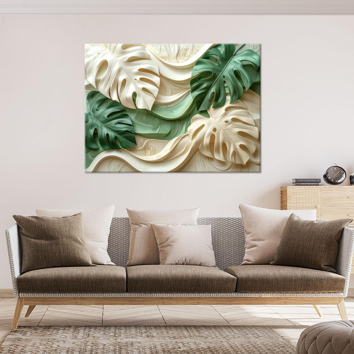LEINWANDBILD, Grüne Monstera-Blätter im Relief - Grün, Textil (30/20cm) - Feeby