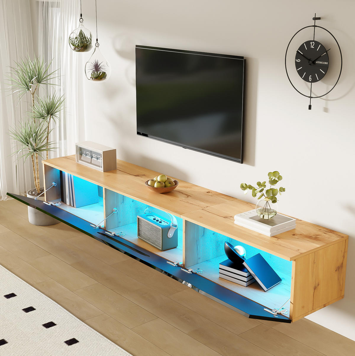 LOWBOARD in Schwarz und Naturfarben TV Schrank mit 16-Farben LED-Beleuchtung, wandmontierbar, B180/T35/H30cm - Schwarz/Naturfarben, Holzwerkstoff (180/30/35cm) - STILVORA