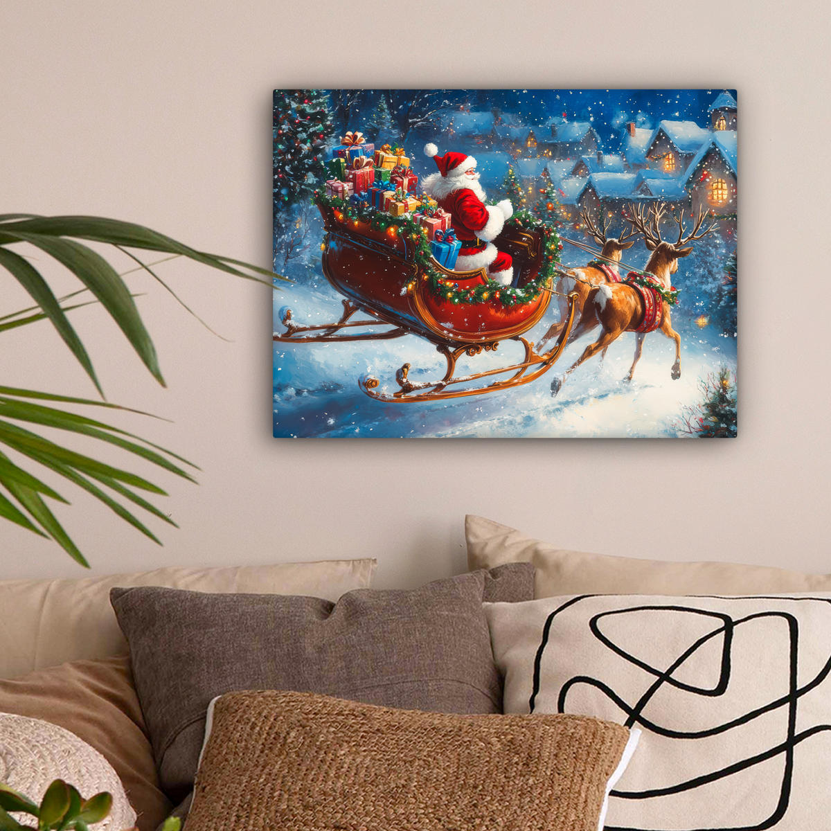 LEINWANDBILD Weihnachtsmann - Rentier - Weihnachten - Schnee 40x30 cm - Cognac, Textil (40/30cm) - MuchoWow