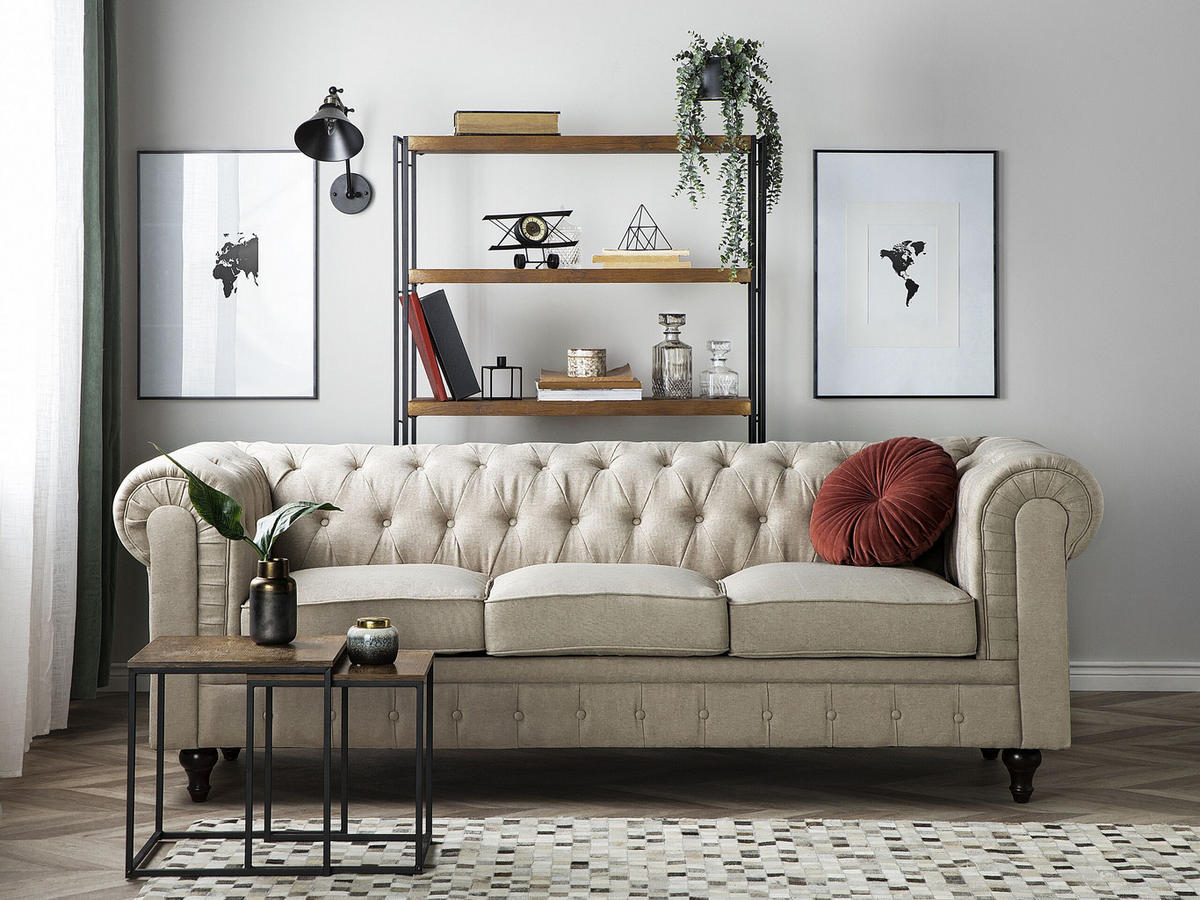 3-SITZER-SOFA Polsterbezug Beige Chesterfield - Beige, Textil (222/78/85cm) - Beliani