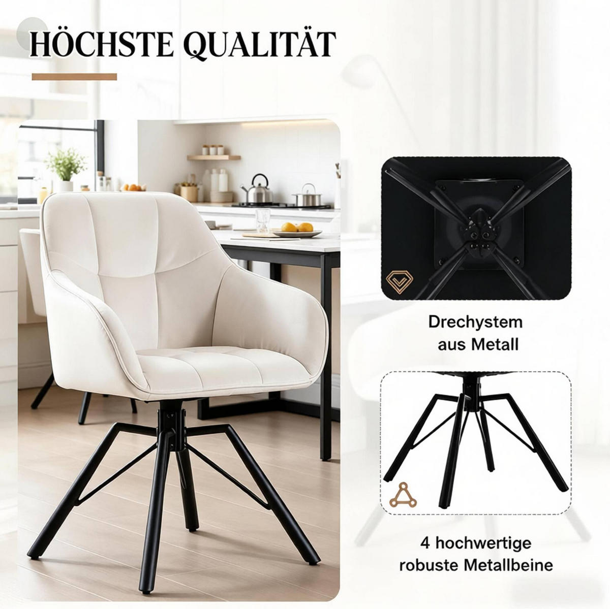 ESSSTUHL 2er-Set drehbar mit Armlehnen Samt Cream White - Weiß, Metall (54/82.5/57cm) - Meubliv