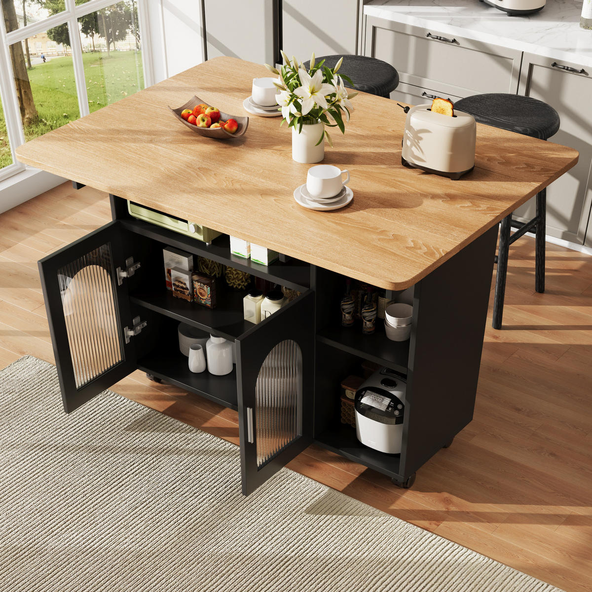 KÜCHENINSEL 120/79,5/30 cm Schwarz/Natur aus MDF und Glas mit klappbarer Tischplatte - Schwarz, Holzwerkstoff (30/79.5/120cm) - OKMYHOME