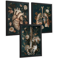 POSTER Set aus 3 Anatomie Mensch Drucke und Wandbilder mit Herz Atmungssystem und Skelett Botanischer Stil Wanddekoration Größe Schwarzer Rahmen A3 - Schwarz, Papier (29.7/42/3cm) - Nacnic