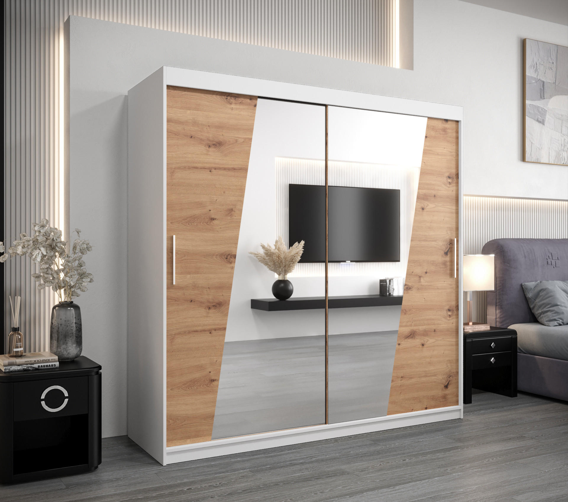 SCHWEBETÜRENSCHRANK 200/200/62 2-türig - Silberfarben/Weiß, Holz/Kunststoff (200/200/62cm) - Abiks Möbel