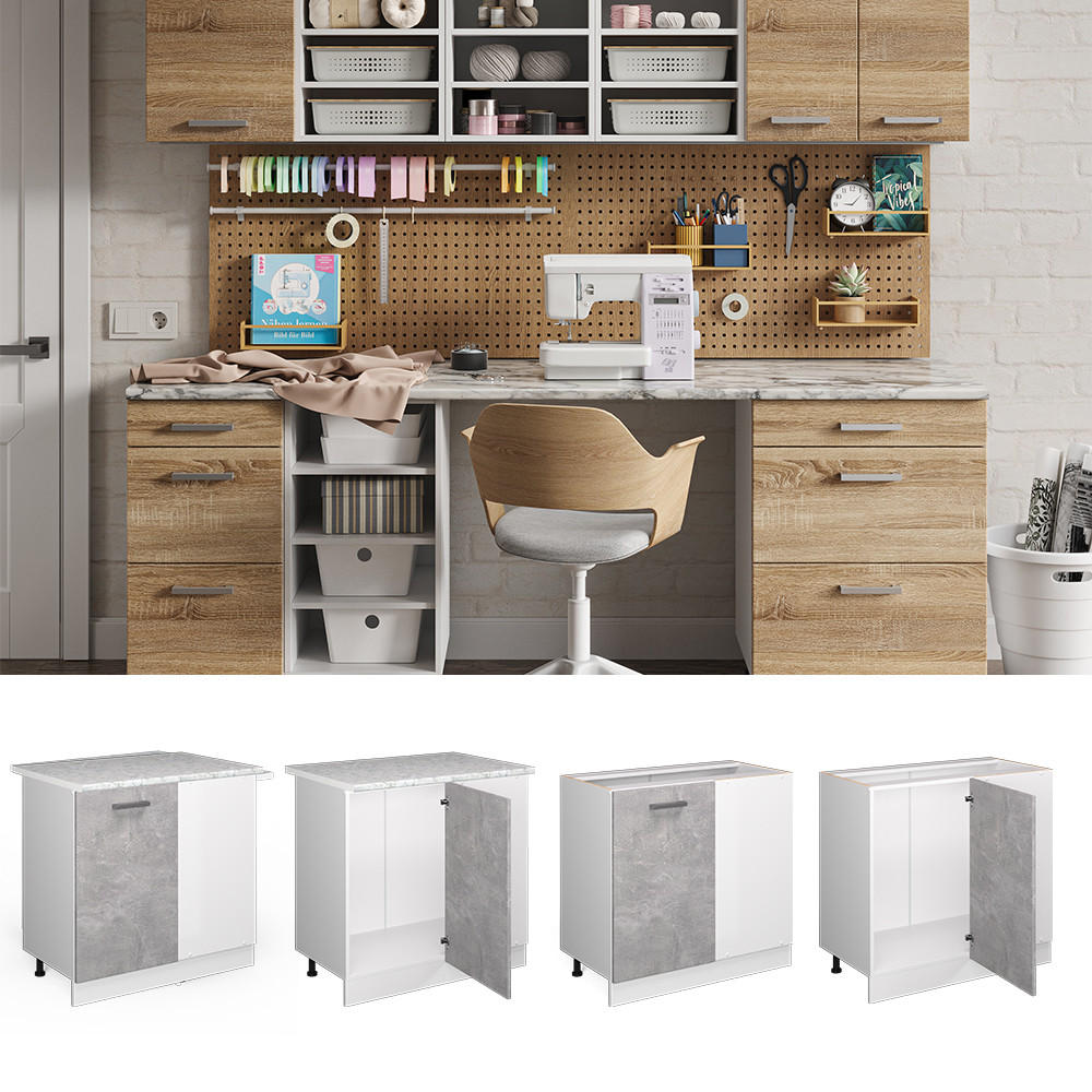 ECKSCHRANK FÜR HAUSRAT R-Line Beton 86 cm mit Tür, ohne Arbeitsplatte - Schieferfarben/Weiß, Holzwerkstoff (86/81.6/46cm) - Vicco