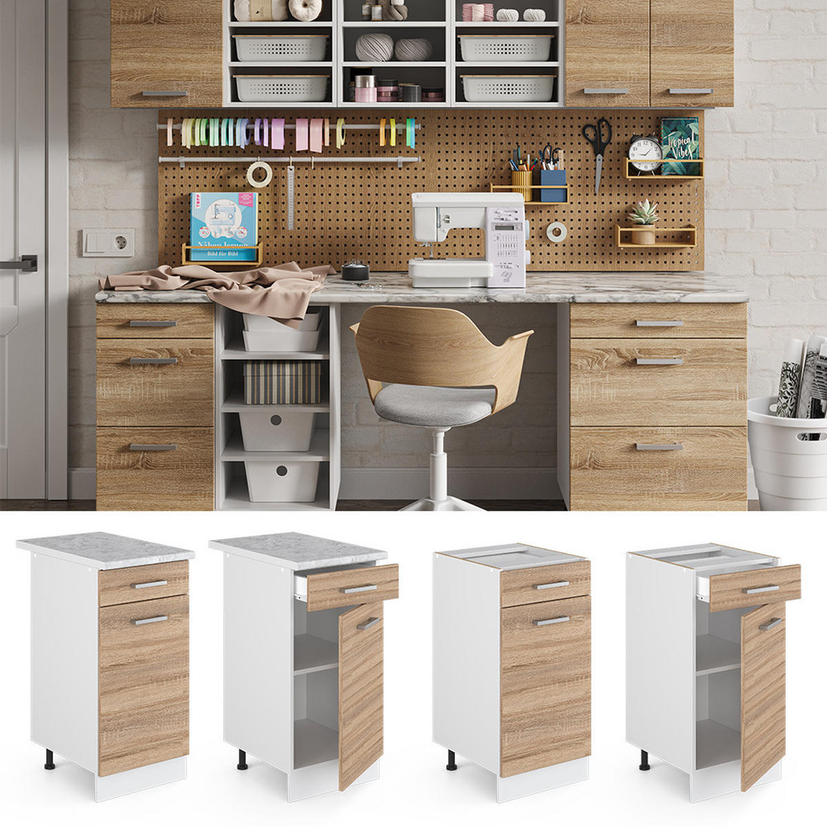 UNTERSCHRANK R-Line Sonoma 40 cm mit Schublade, ohne AP - Weiß/Sonoma Eiche, Holzwerkstoff (40/81.6/46cm) - Vicco