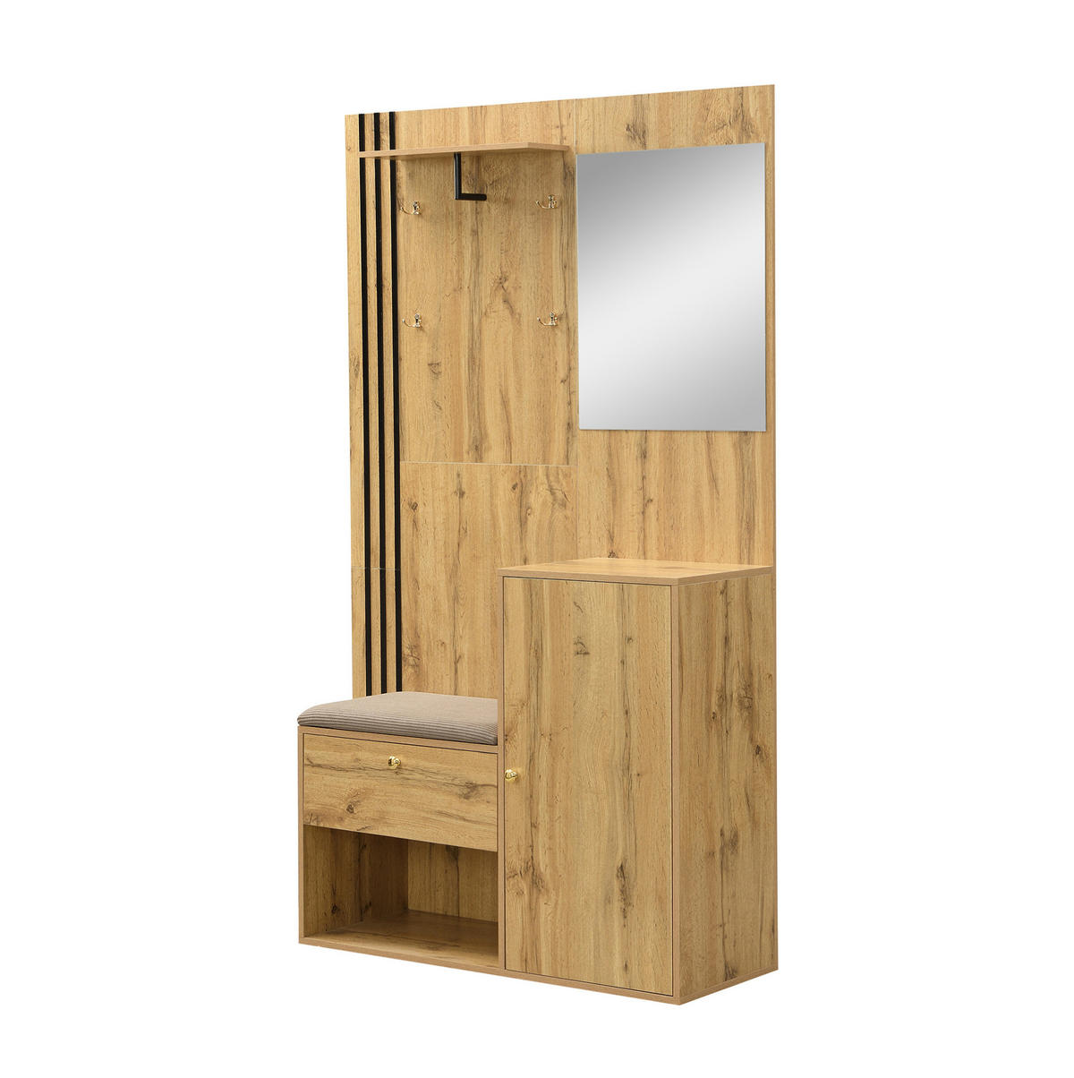 FLURGARDEROBE 115/37/185 cm mit Spiegel, Sitzkissen, Soft-Close und Schirmablage, Natur - Naturfarben, Holzwerkstoff (37/185/115cm) - Redom