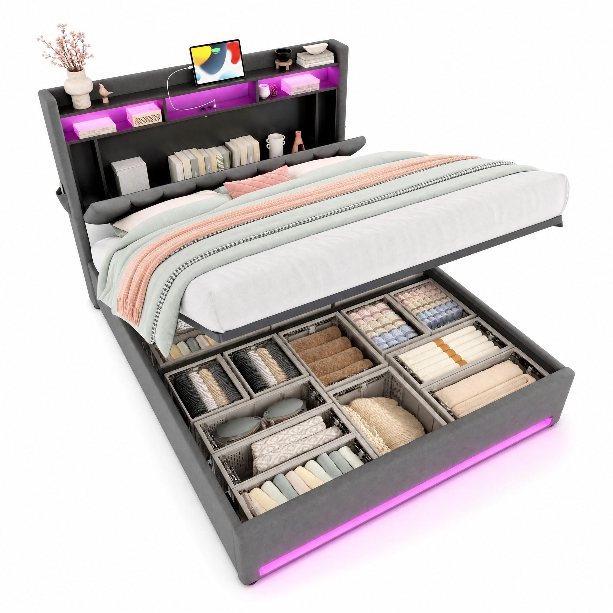 POLSTERBETT 160/200 mit LED, USB, Type-C, Bettkasten und Stauraum-Kopfteil in Grau - Grau, Holzwerkstoff/Textil (160/200cm) - EVRYAE