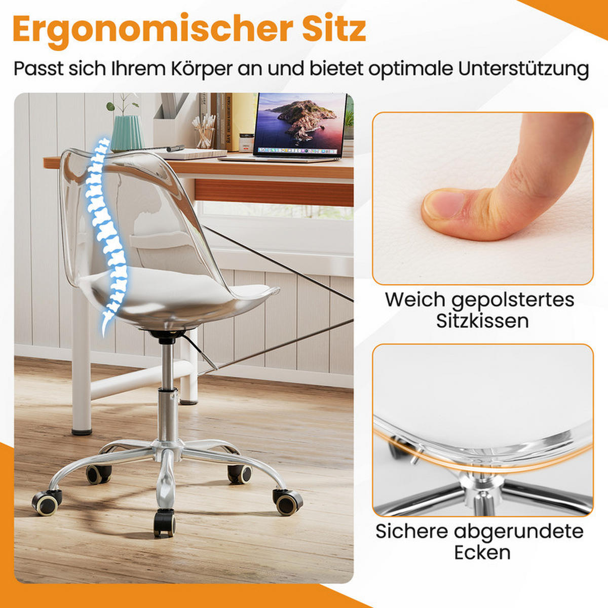 BÜROSTUHL mit Rollen höhenverstellbar transparent - Transparent, Leder (60/78/60cm) - COSTWAY