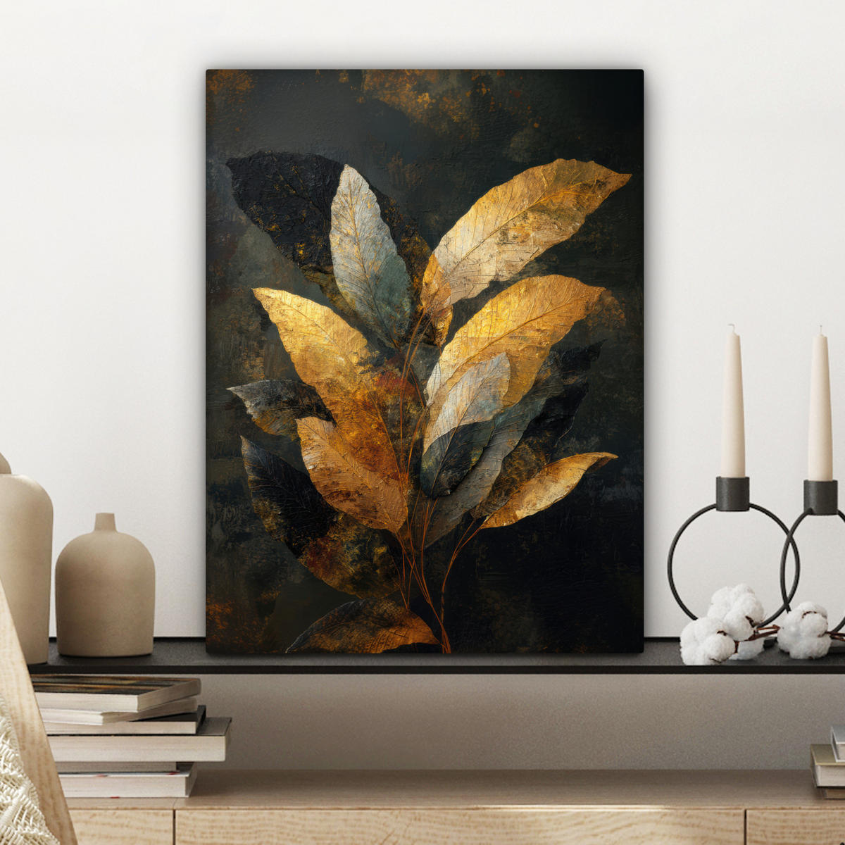 LEINWANDBILD Golden Leaf Komposition - Botanical Luxury Room Decor 30x40 cm - Goldfarben/Schwarz, Textil (30/40cm) - MuchoWow