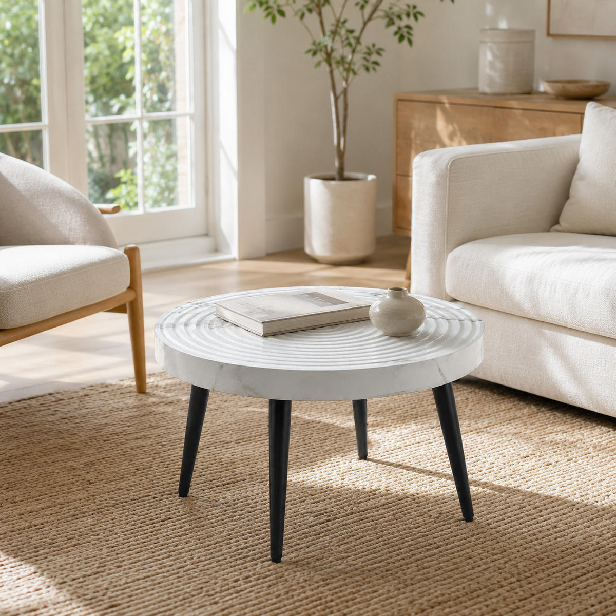COUCHTISCH DE-37427 rund mit Marmoroptik und Jahresring-Rillen Weiß - Weiß, Holz (60/60/37cm) - ComfortXL