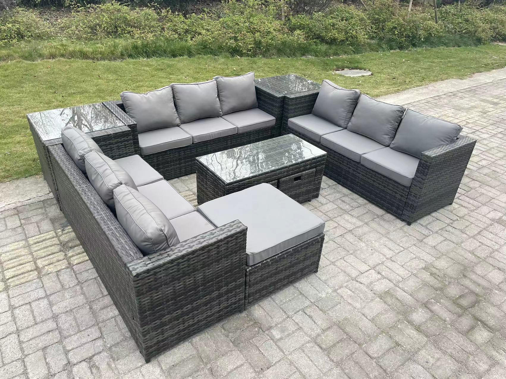 GARTENSET Polyrattan 12-Sitzer - Dunkelgrau/Grau, Glas/Kunststoff - Fimous