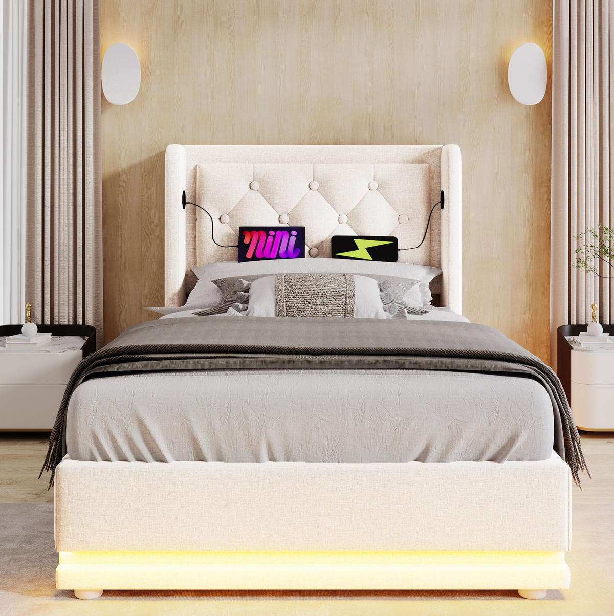 BETT mit Stauraum, LED & USB 90x200 cm Beige Baumwolle - Beige, Metall (90/200cm) - Meubliv