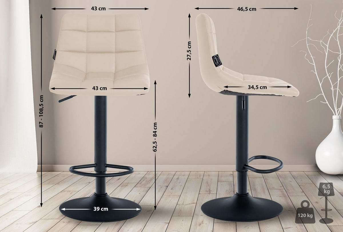 BARHOCKER James Kunstleder schwarz creme - Creme/Schwarz, Kunststoff/Metall (43/108.5/46.5cm) - TPFLiving