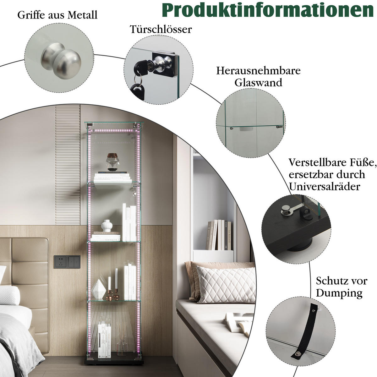 VITRINE Glas LED, Einzeltür, 4 Regale, mit Schloss, Schwarz - Schwarz, Holz (35/163/39.8cm)